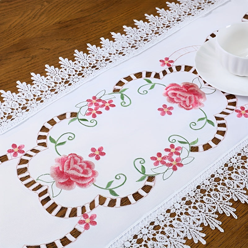 Camino de mesa floral rosa bordado a mano con encaje para cenas y días festivos
