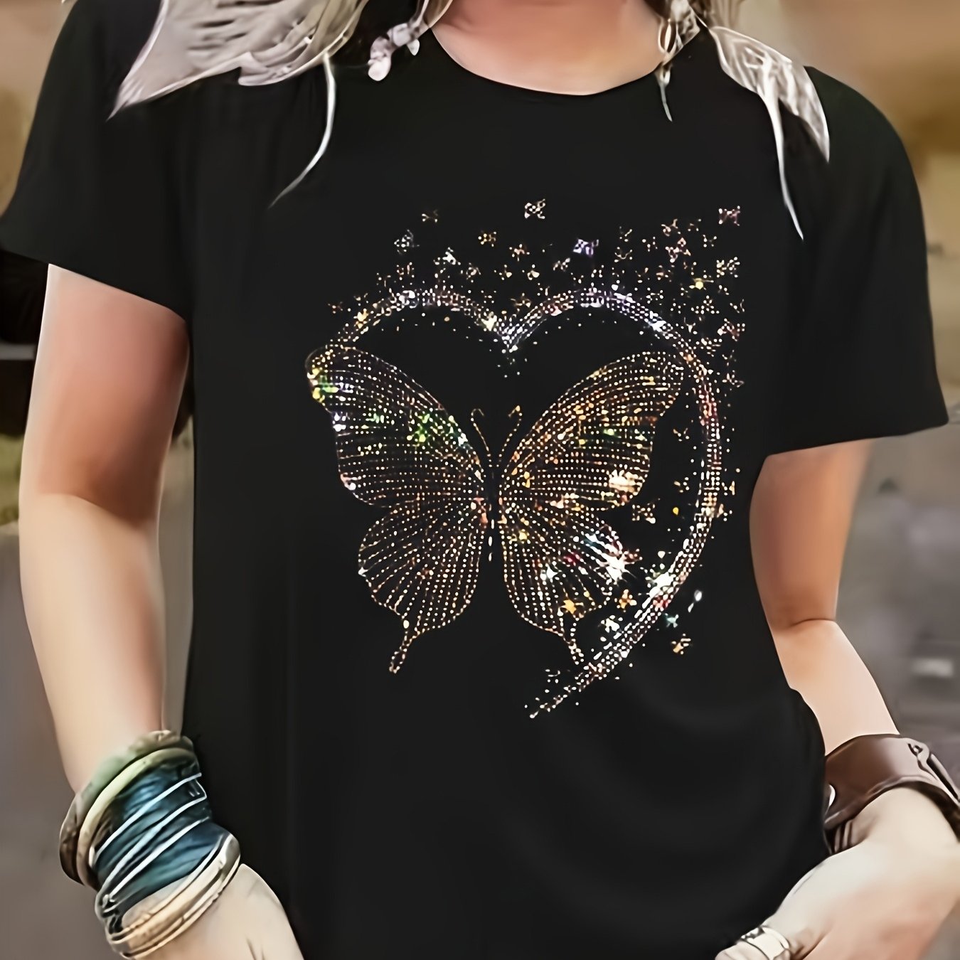 Women's Black Short Sleeve T-Shirt with Shiny Butterfly Print Casual Top