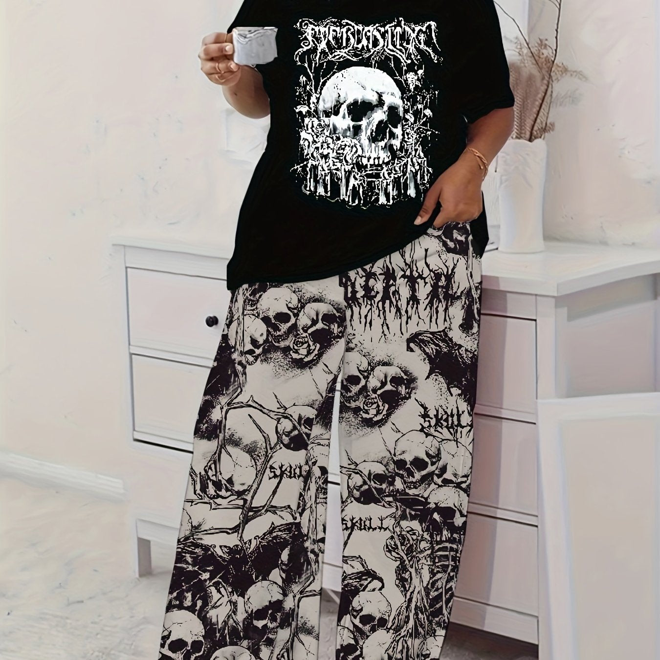 Women's Pajama Set Loose Short Sleeves Gothic Skull Print Nightwear