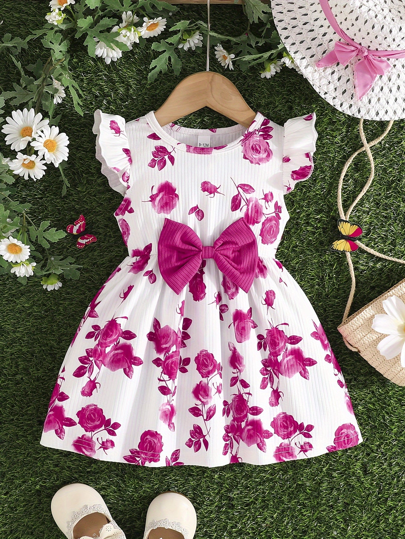 Girls Summer Dress Set with Bow, Heart Pattern, Polyester, 0-3 Years