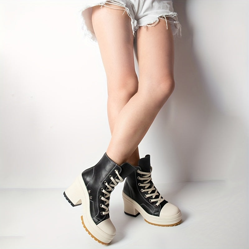 Women's Chunky Platform Ankle Boots Faux Leather Lace-Up Sneakers