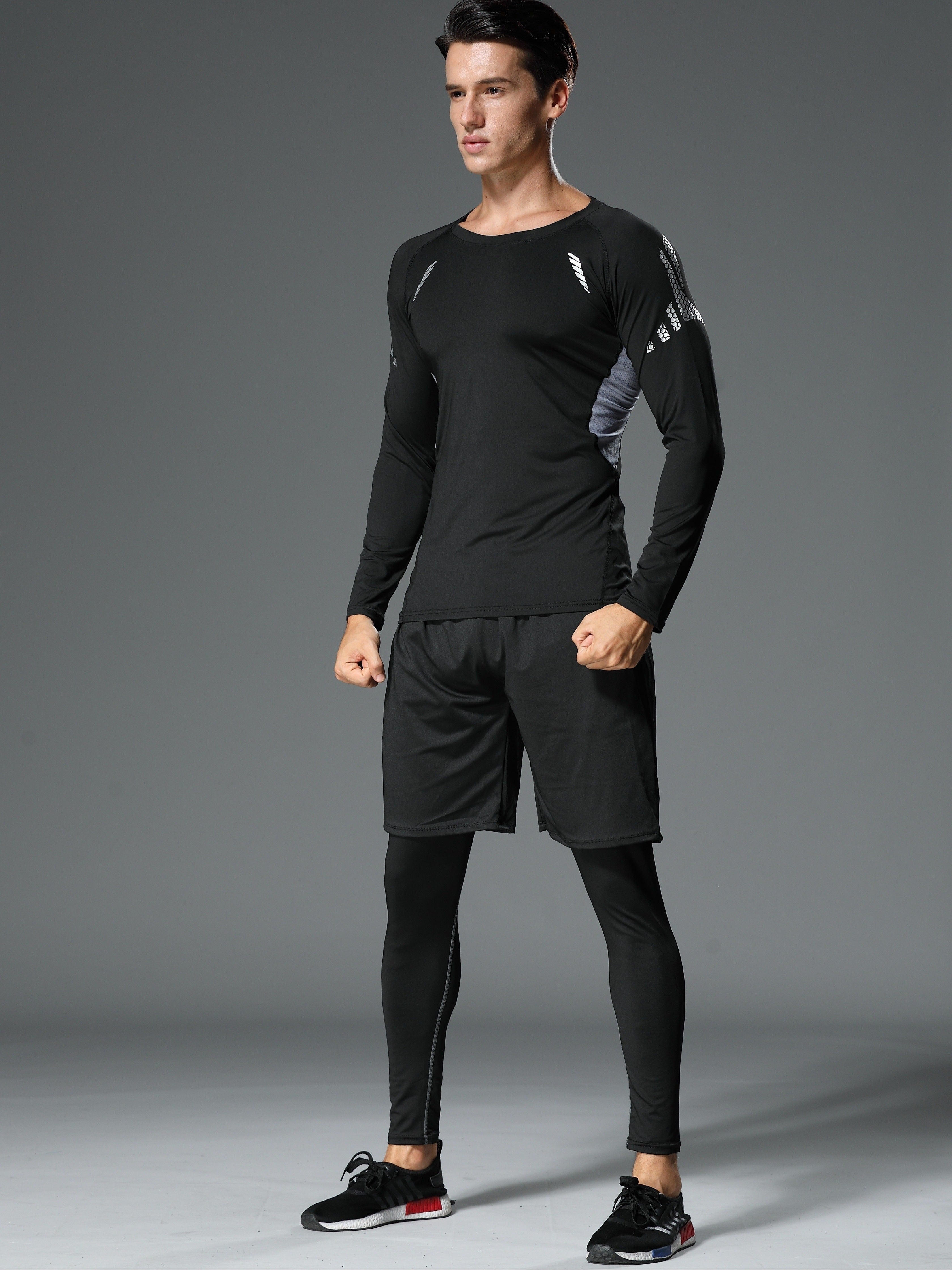 Men's Athletic Set Quick-Dry Polyester Crew Neck Top and Leggings for Running Training and Sports