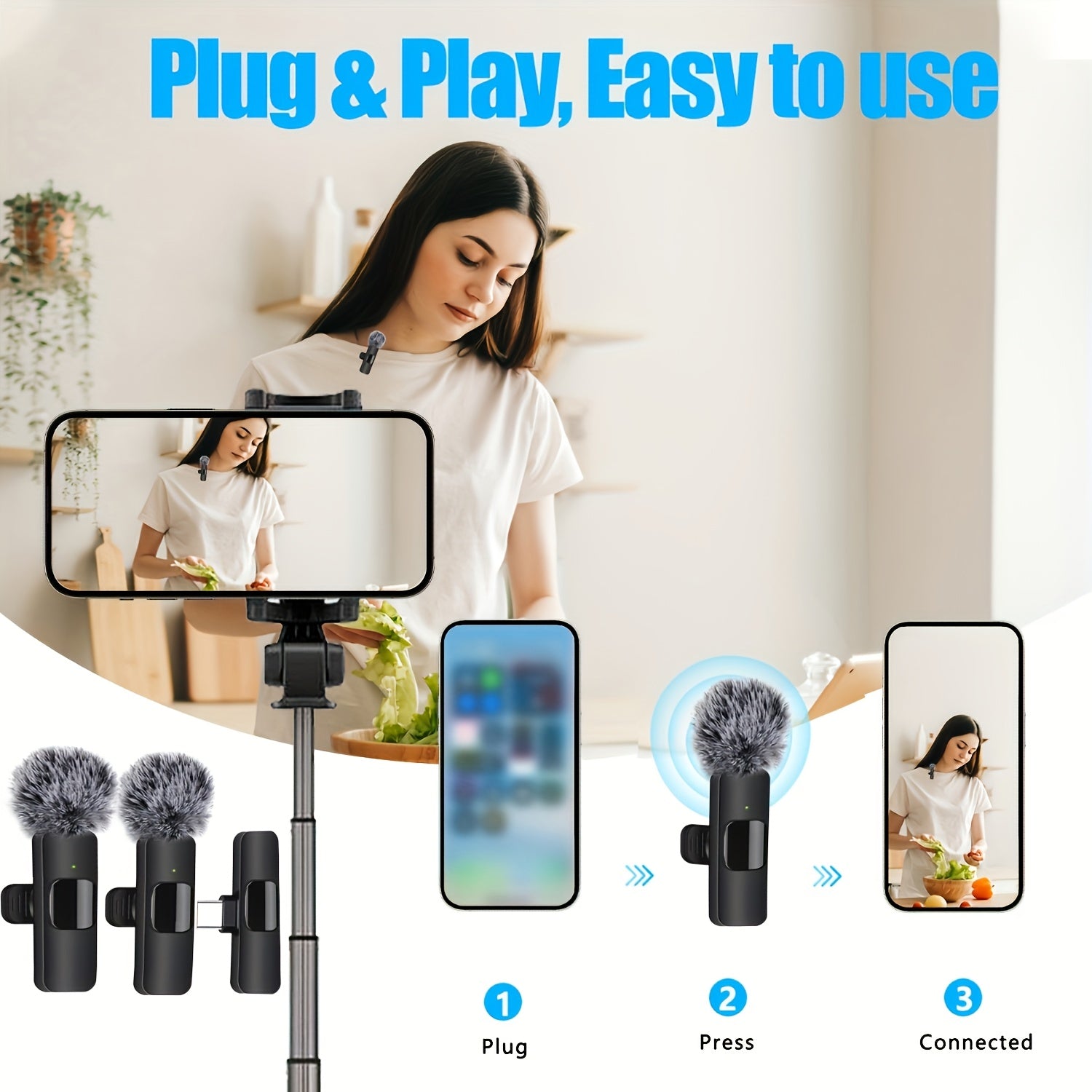 Wireless Lavalier Microphone for iPhone, Android, USB-C for Recording and Streaming