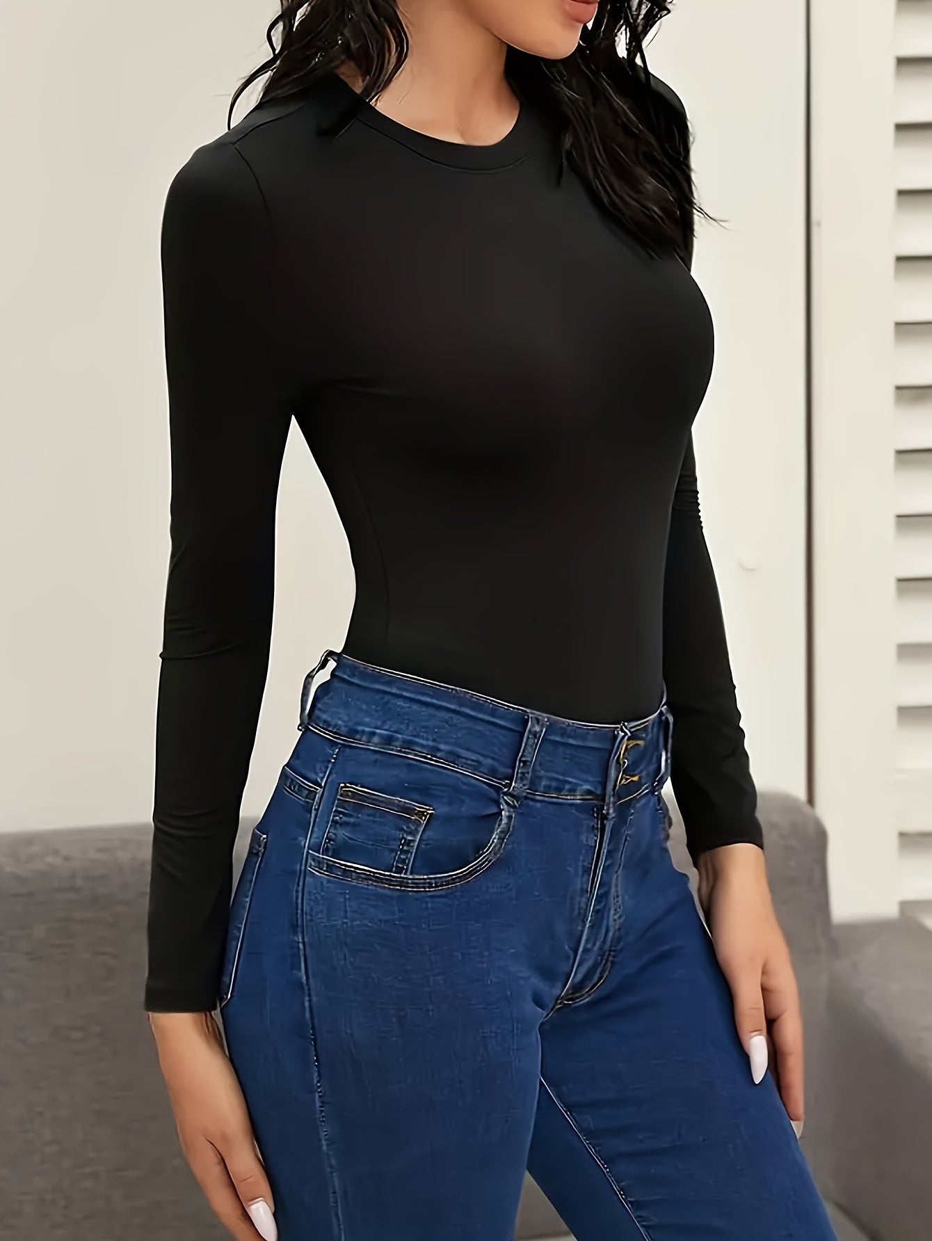 Body de color sólido elástico para mujer con cuello redondo y mangas largas