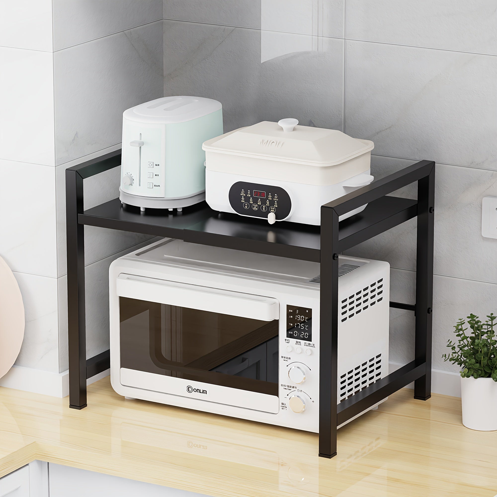 Expandable Microwave Shelf with Hooks Black Metal Adjustable Kitchen Organizer