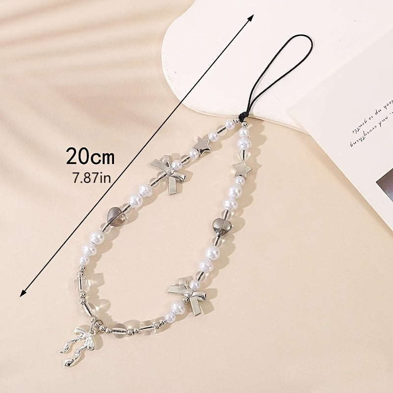 Silvery Gray 3D Bow Phone Accessory with Pearl Beads for Mobile Phones