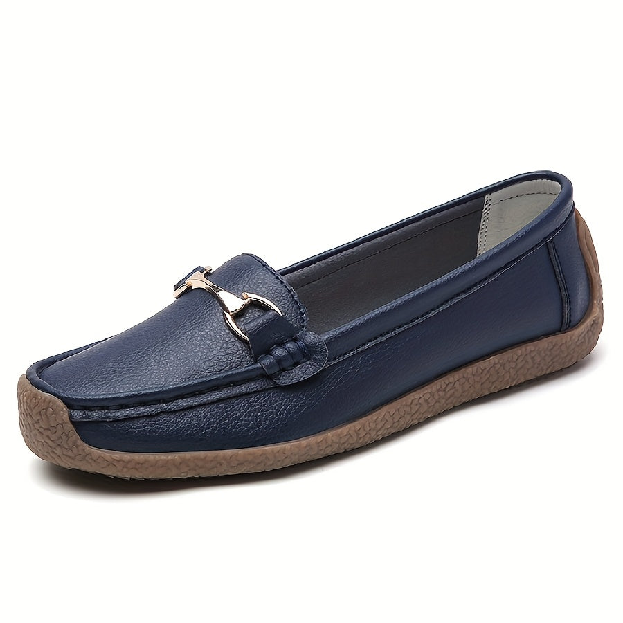 Women's Casual Brown Faux Leather Slip-On Loafers with Metal Buckle