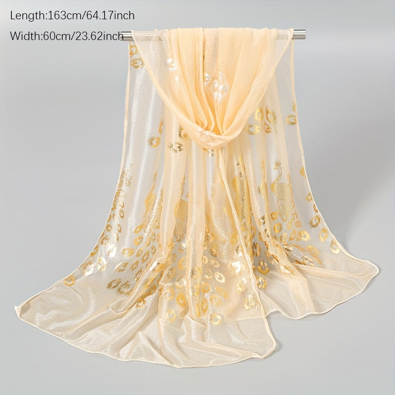 Women’s Peacock Print Lightweight Sun-Protective Polyester Scarf with Shimmering Foil