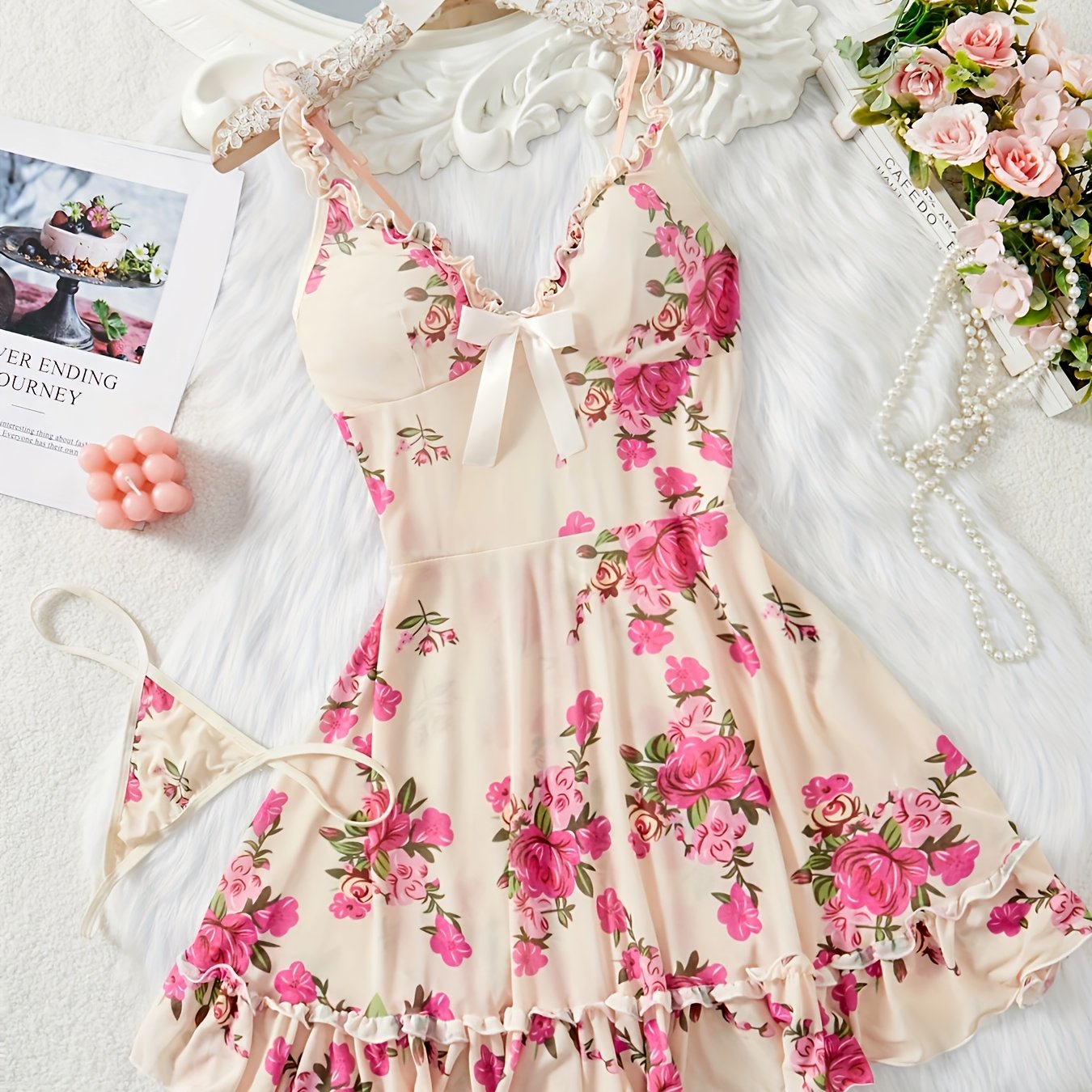 Women's Nightgown and Thong Set Satin Lingerie Sleepwear