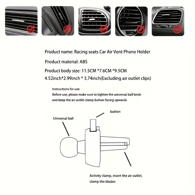 Universal Racing Seat Car Phone Mount ABS Vent Clip GPS Holder
