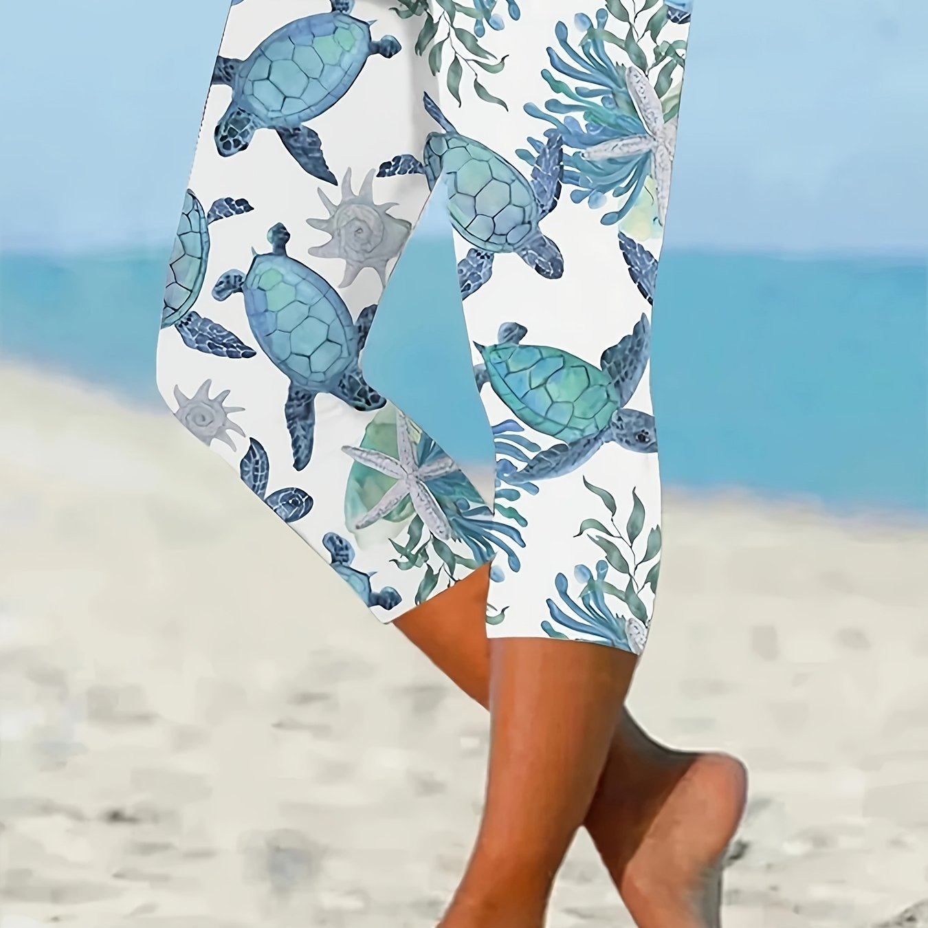 Plus Size Women's High-Waisted Yoga Pants Sea Turtle Print Stretchy Non-See-Through