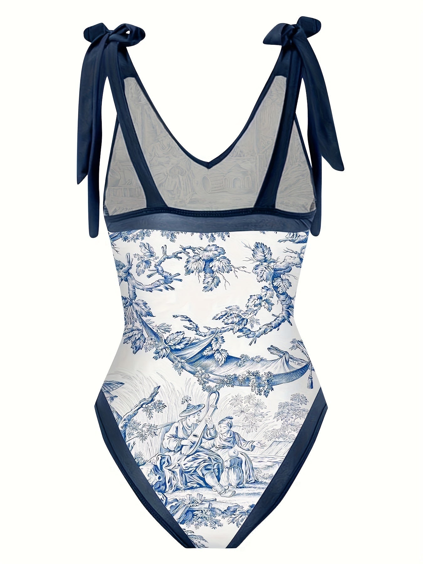 Women's V Neck Bow Tie Shoulder Straps One-Piece Swimsuit Set with Cover Up Skirt Summer