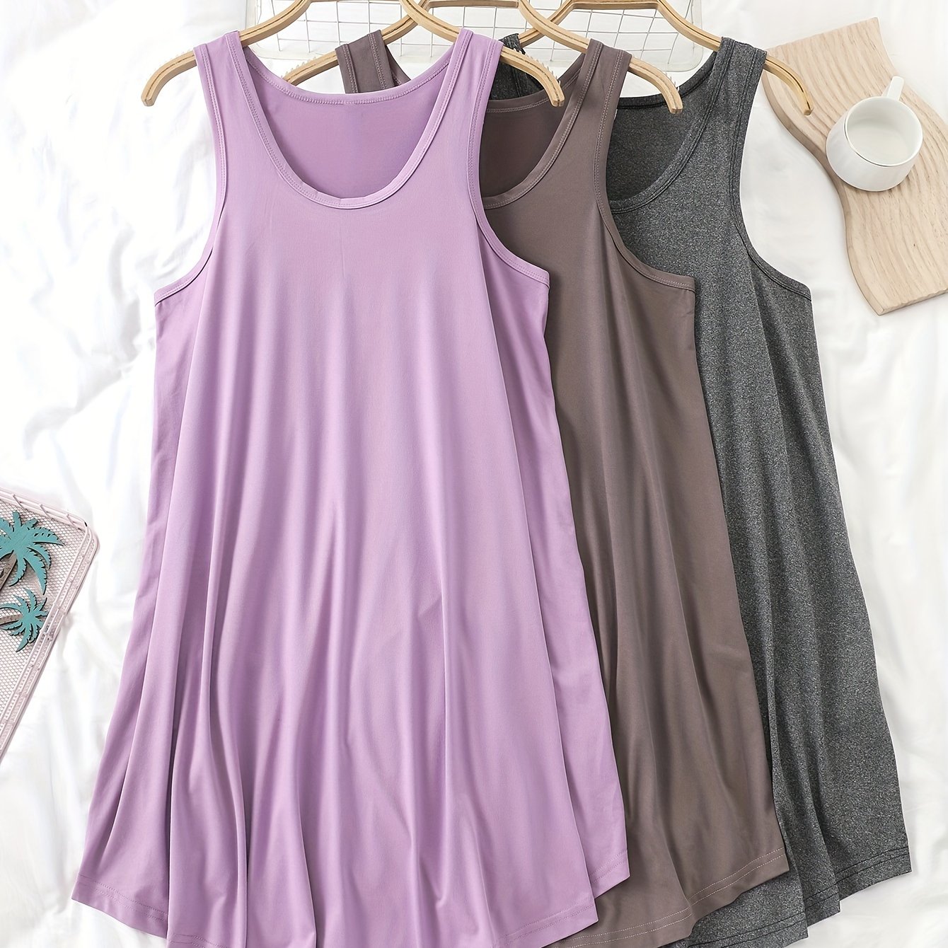 Women's Sleeveless Cotton Nightgowns 3-Pack Solid Color Sleep Dresses