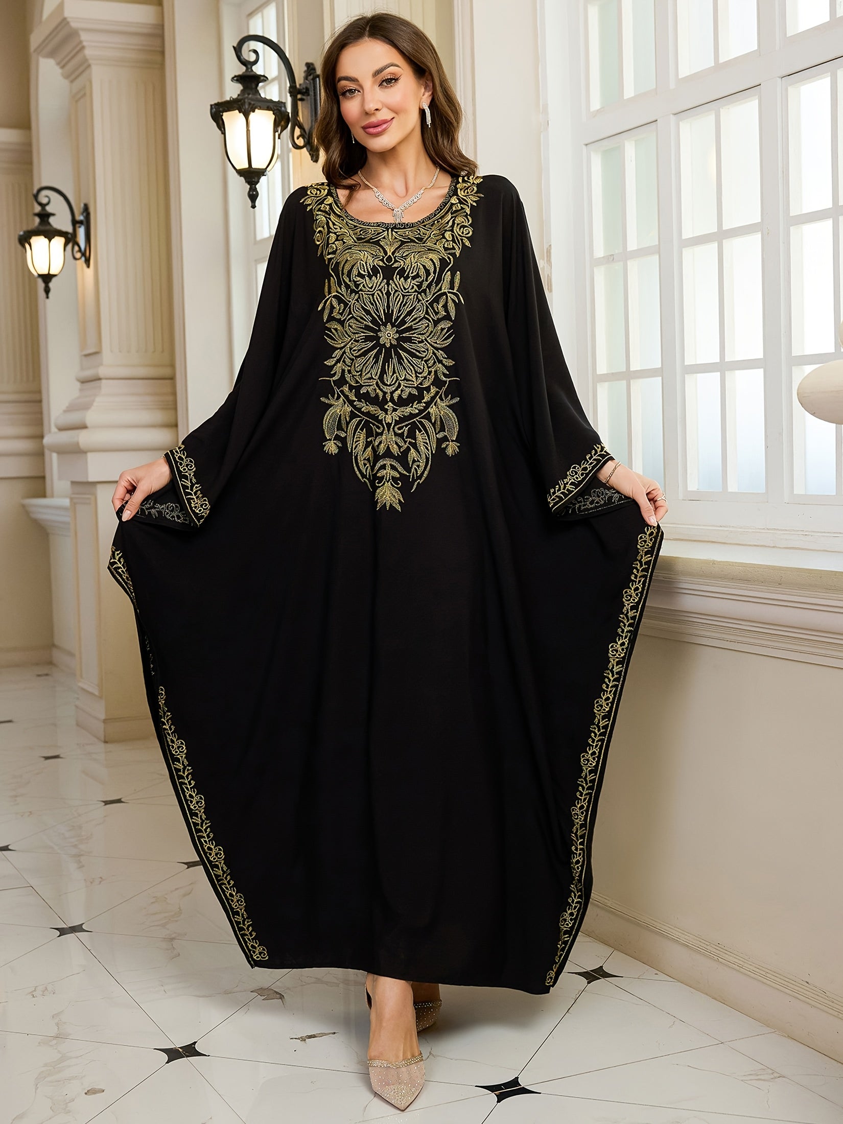 Women's Plus Size Floral Embroidered Kaftan Cover-Up Dress Black Loose Fit Batwing Sleeves