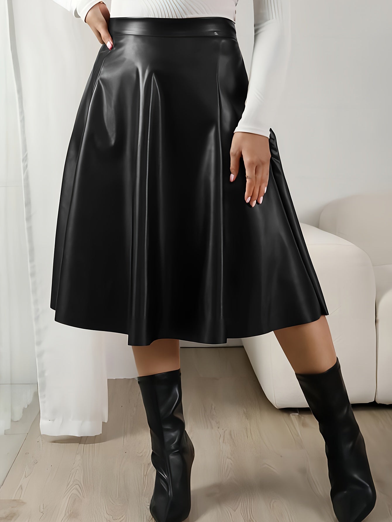 Women’s Black High-Waist PU Leather Flared Midi Skirt for Fall Winter