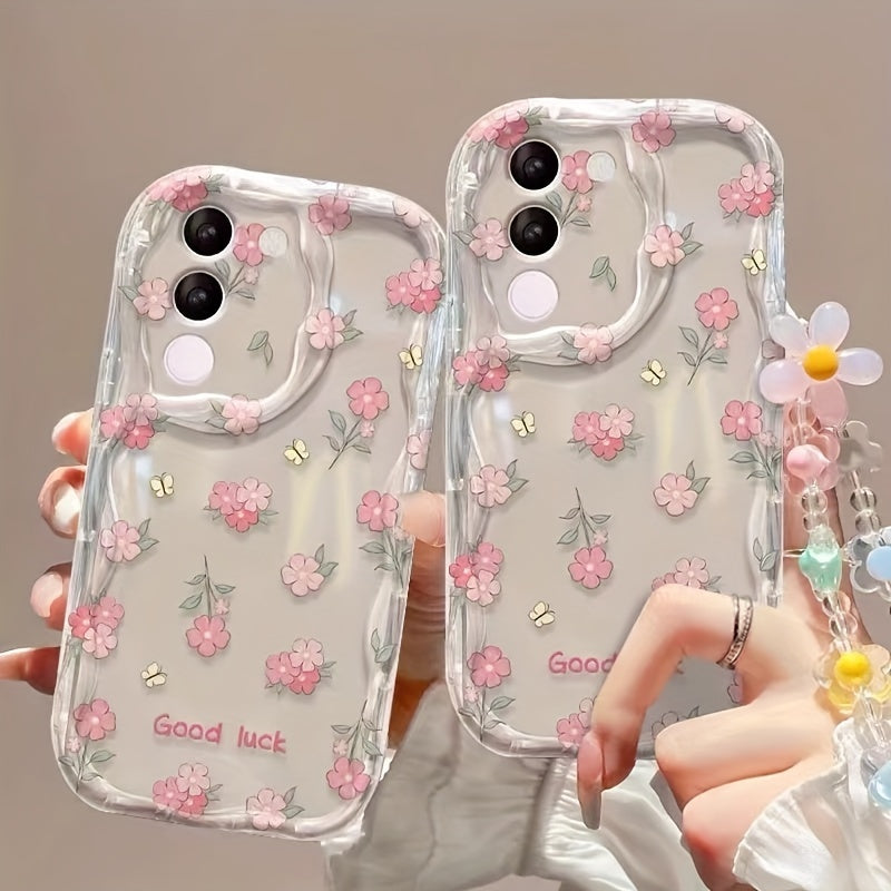 Прозрачный чехол для цветов из порошка для Galaxy S24 Ultra и S24 FE, подходит для защиты S25 Ultra и A15. Включает мягкий корпус с кремовым узором, ручную цепочку из цветочных бусин и