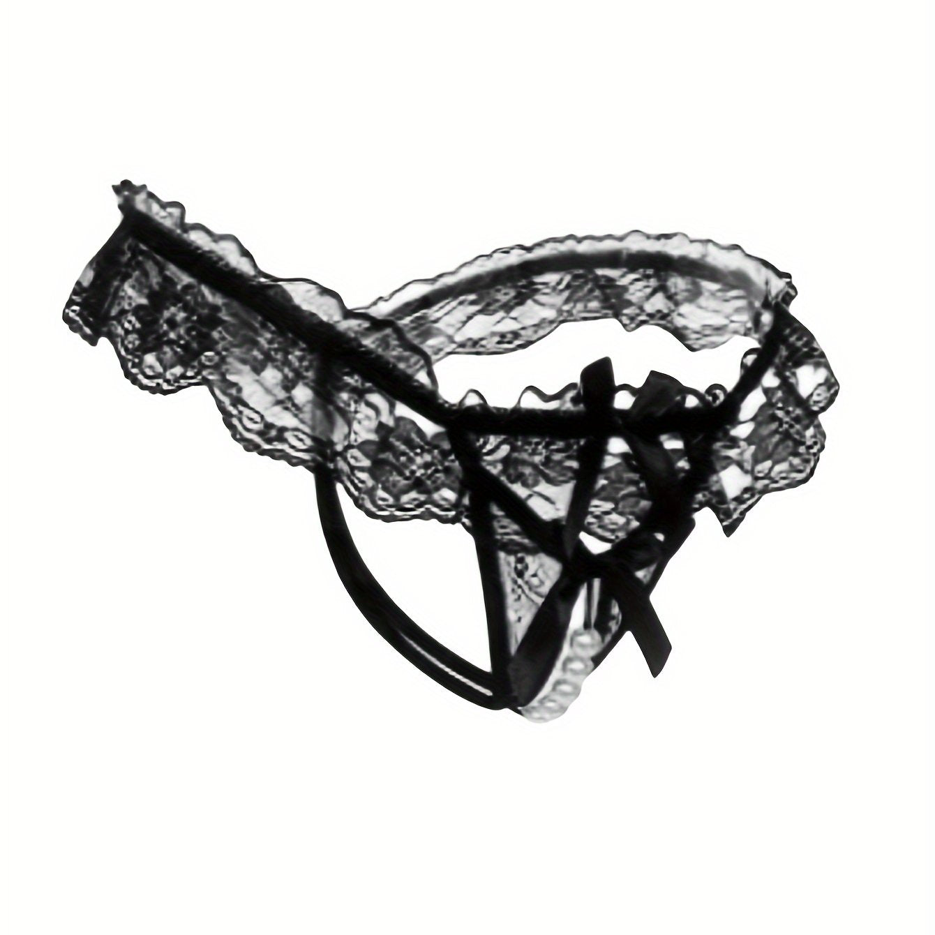 Women's Lace Thongs with Bow Knot Faux Pearl Decoration Open Crotch Lingerie