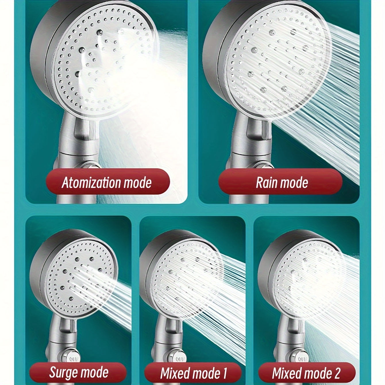 5-Mode Handheld Shower Head Set with On/Off Switch and Universal Connector