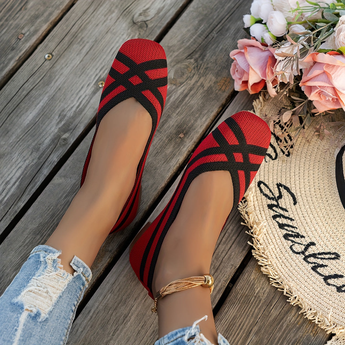 Women's Breathable Non-Slip Ballet Flats with Square Toe and Cross Strap Black White