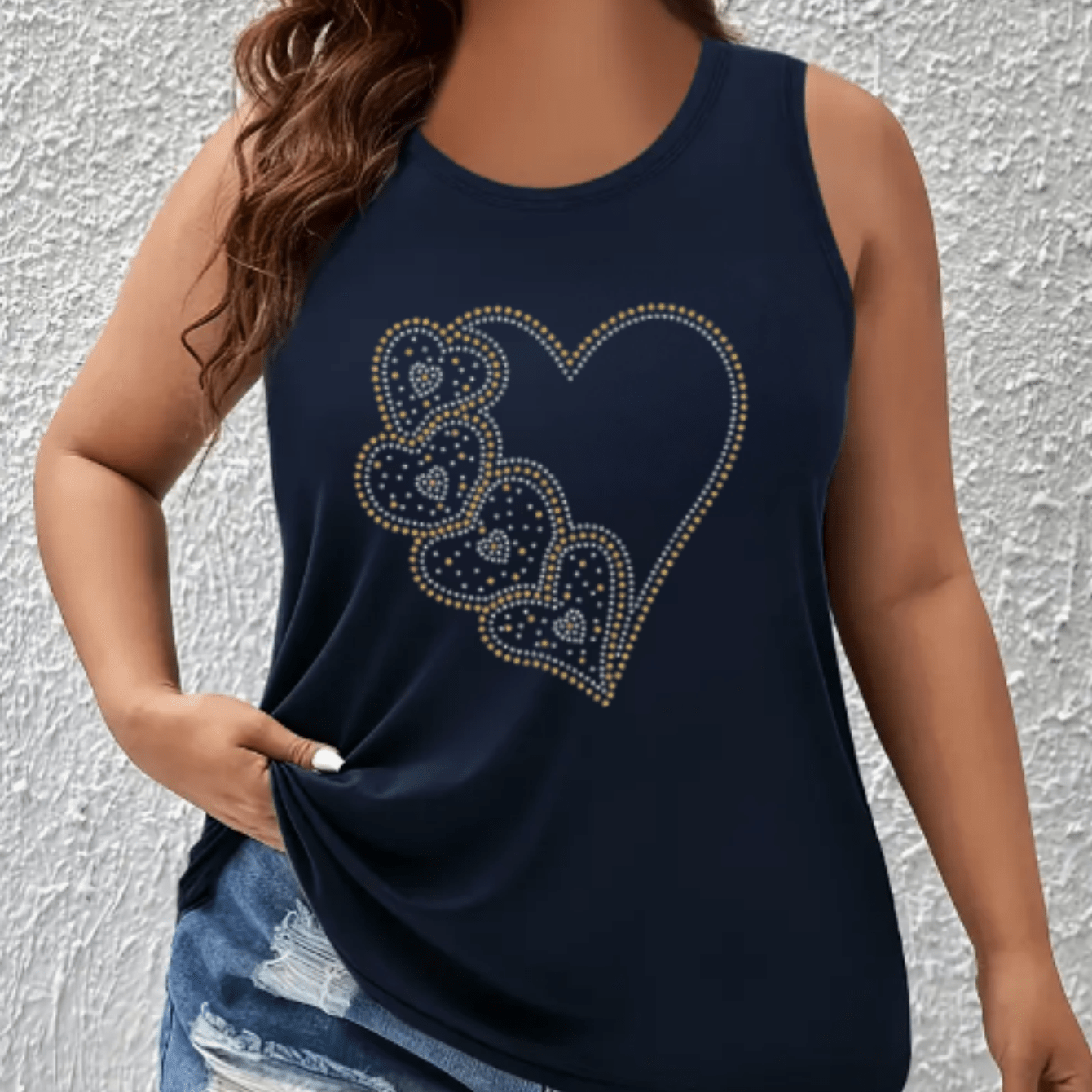 Plus Size Women's Heart Print Tank Top Off-Shoulder Breathable Stretchy Summer Casual