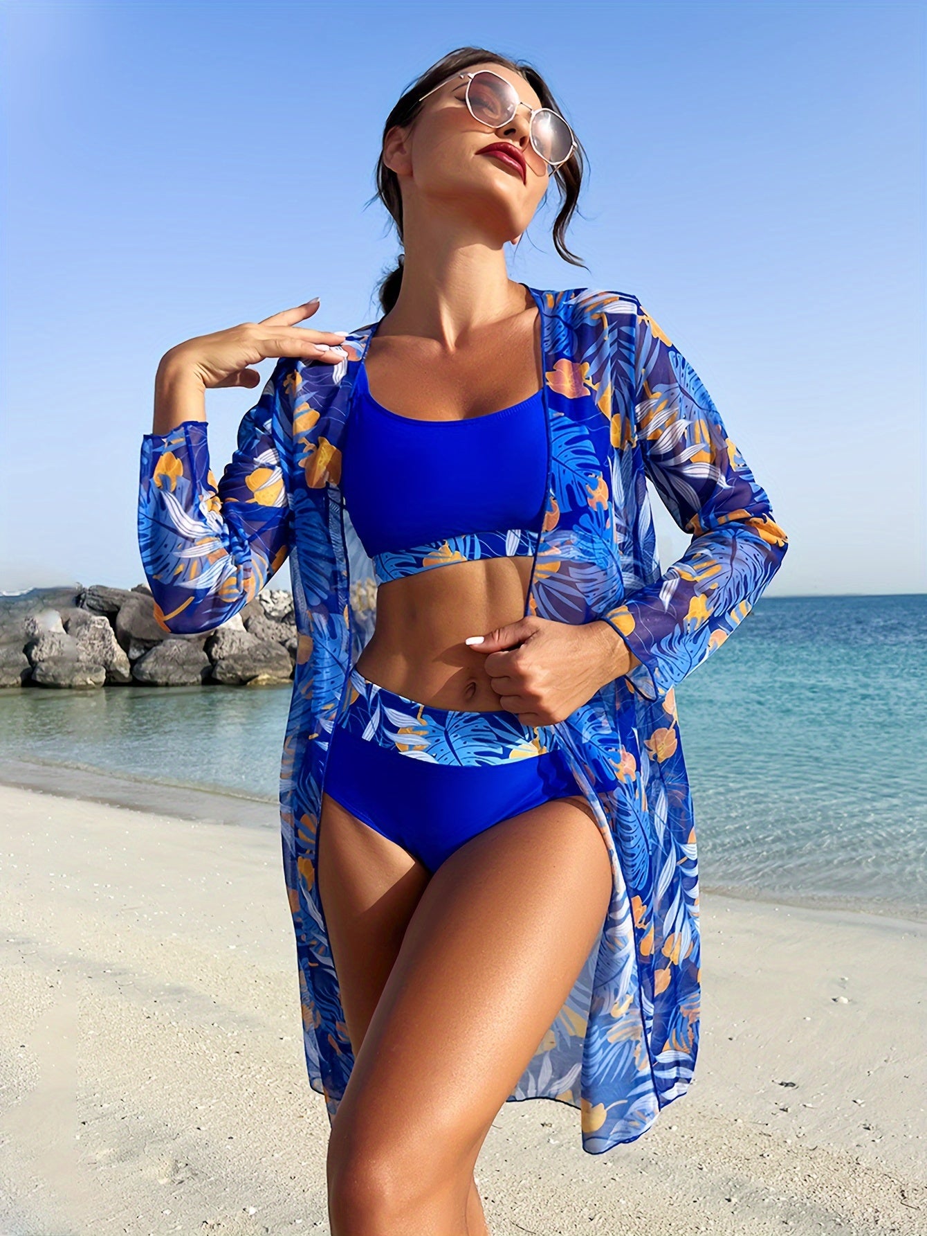 Women's Tropical Plant Print Beach Cover-Up Set with Sun Protection and Removable Padding