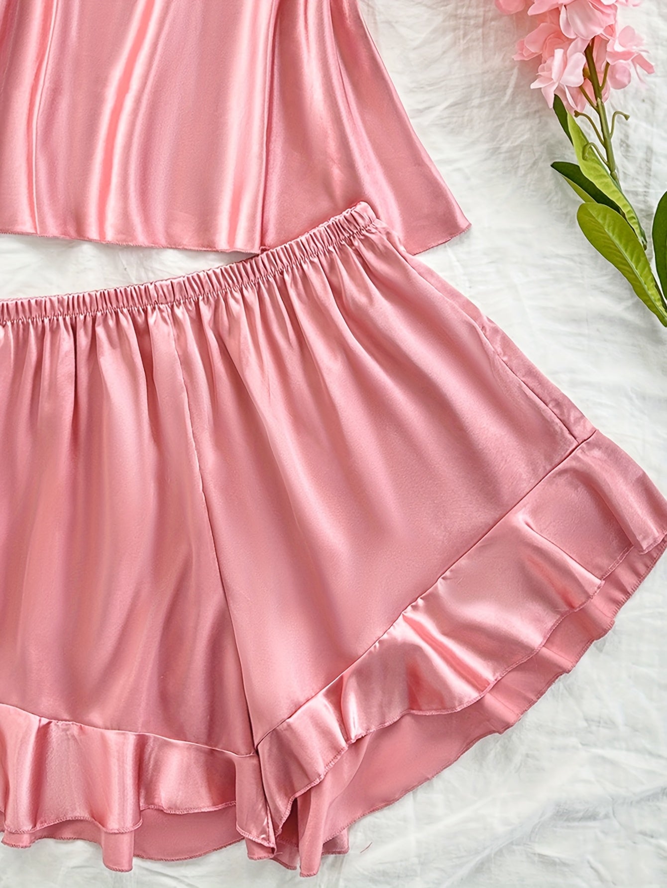Women's Satin Pink Camisole Sleepwear Set Plus Size Sexy Solid Color