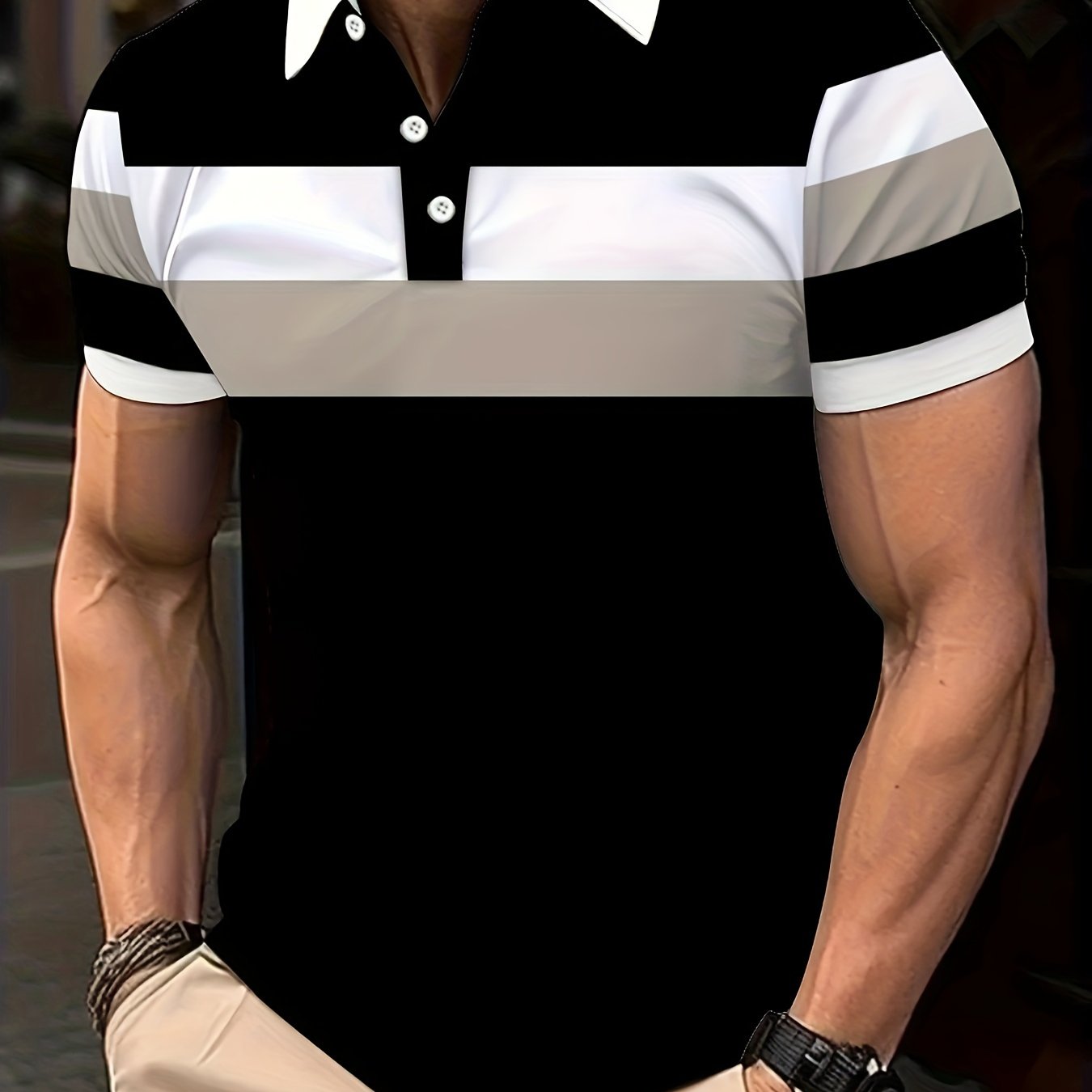 Men's Oversized Short Sleeve Polo Shirt with Patchwork Lines Casual Knit Fabric All-Season