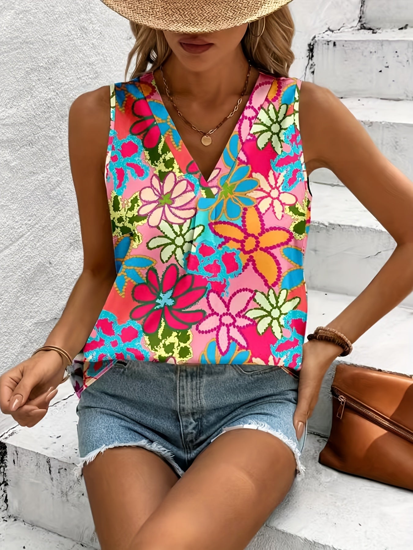 Plus Size Floral Print Sleeveless V-Neck Top for Summer Vacation