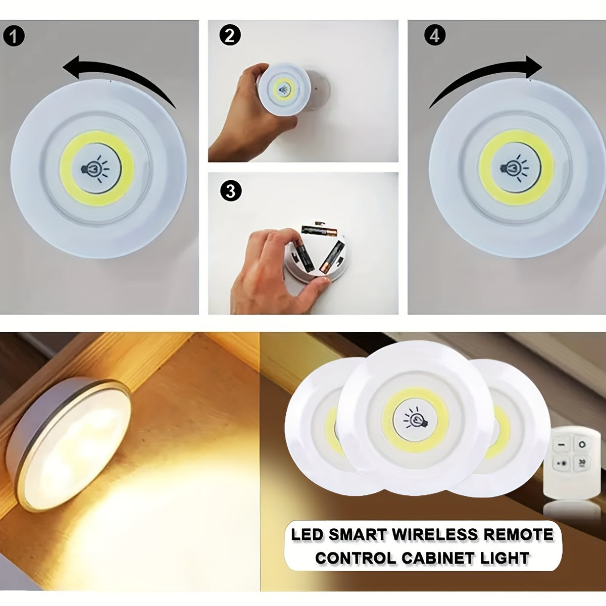 Wireless LED Under-Cabinet Lights with Remote Control for Kitchen and Wardrobe (6 or 3 Pack)