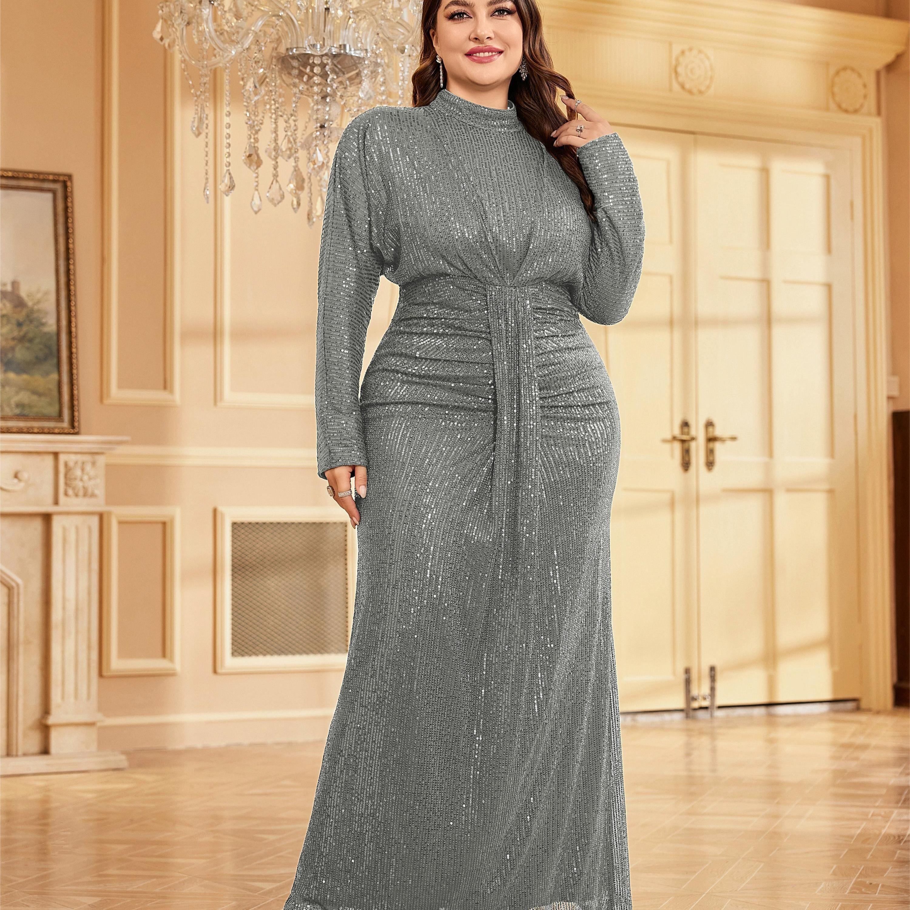 Women's Plus Size Sequined Cinched Waist Long Sleeve Dress for Party