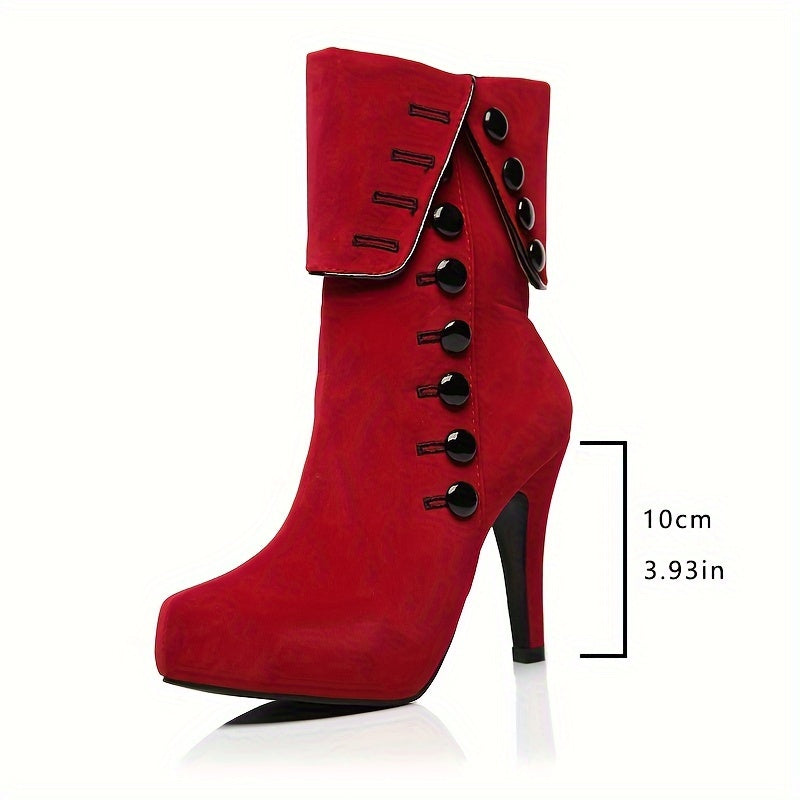 Women's Red High Heel Short Boots With Platform and Thin Sole