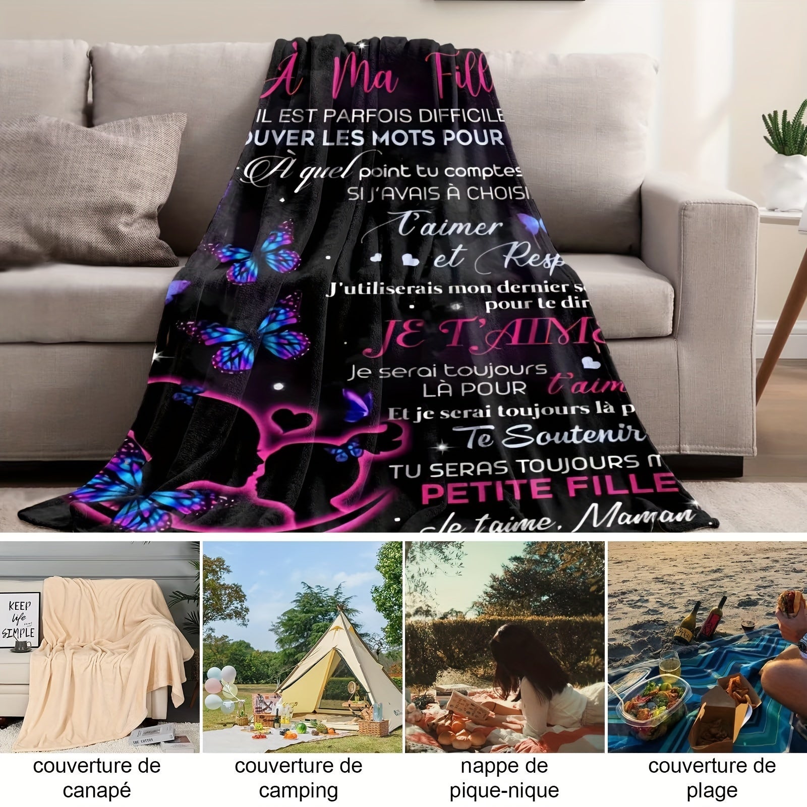 French-Inspired Flannel Throw Blanket Soft Warm Couch Bed Camping Hypoallergenic