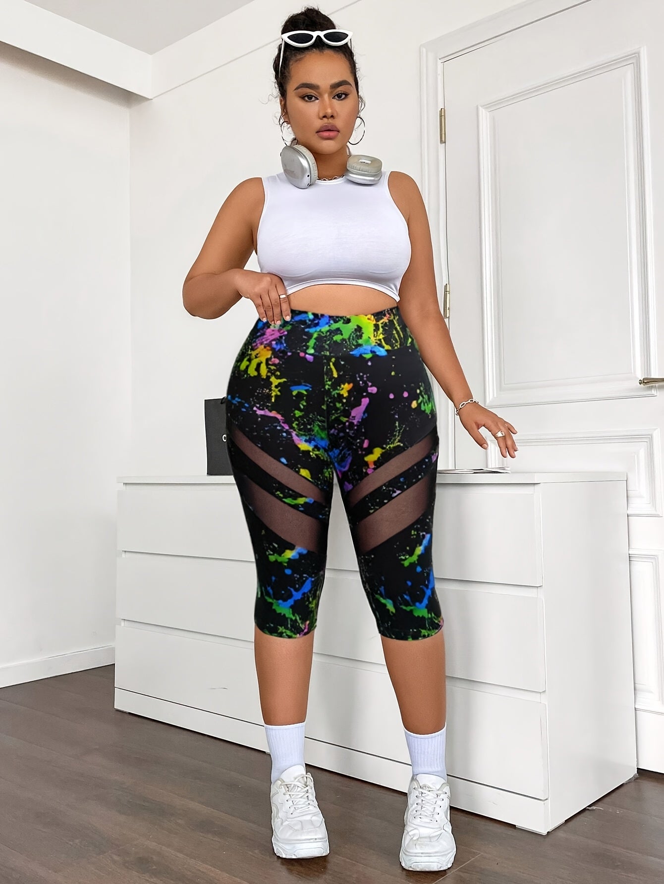 Shorts de talla grande con estampado tie-dye y cintura alta con malla, verano casual y elástico