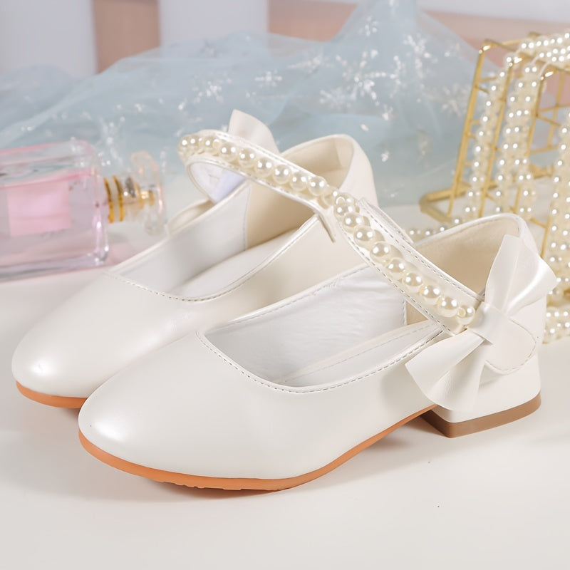 Girls' White Synthetic Pearl Embellished Dress Shoes with Bowknot and Chunky Heel
