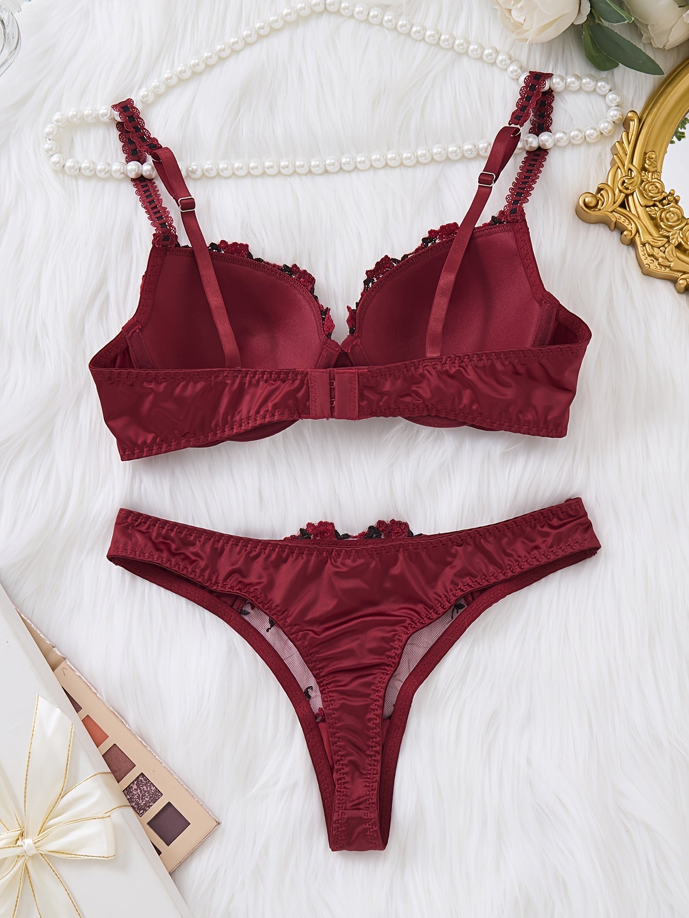 Women's Valentine's Day Lingerie Set with Floral Embroidery Push-Up Bra and Triangle Panties
