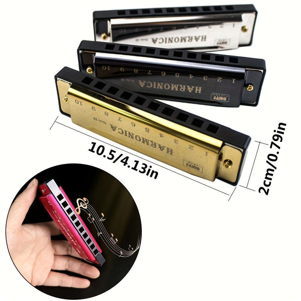 Boshlovchilar uchun 10 teshikli xromatik garmonika, qadoqlash bilan, qora, oltin, kumush