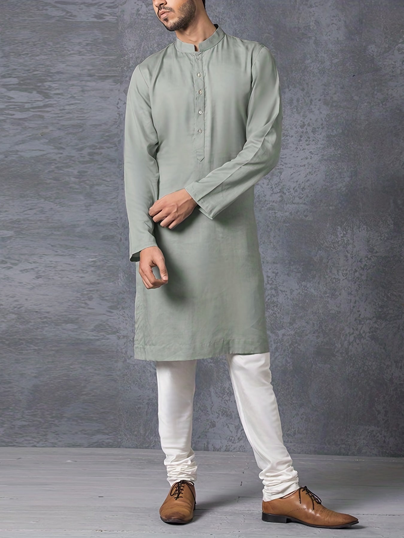 Ramazon Plus O'lchamdagi Erkaklar Uzoq Yengli Ko'ylak Norasmiy Ko'cha Kiymishi, Mustahkam Rangli Turg'un Yaka Kaftan Erkaklar Kiymishi