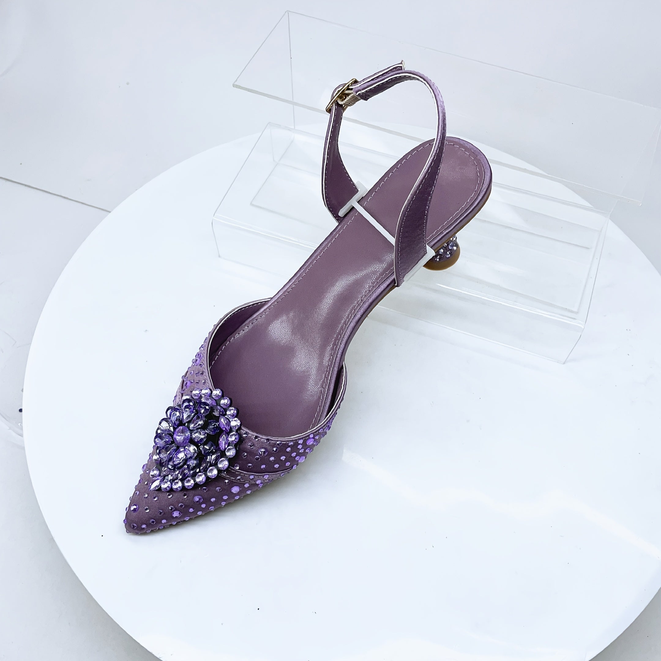 Women Purple Pointed Toe Flare Heel Shoes with Rhinestones for Weddings