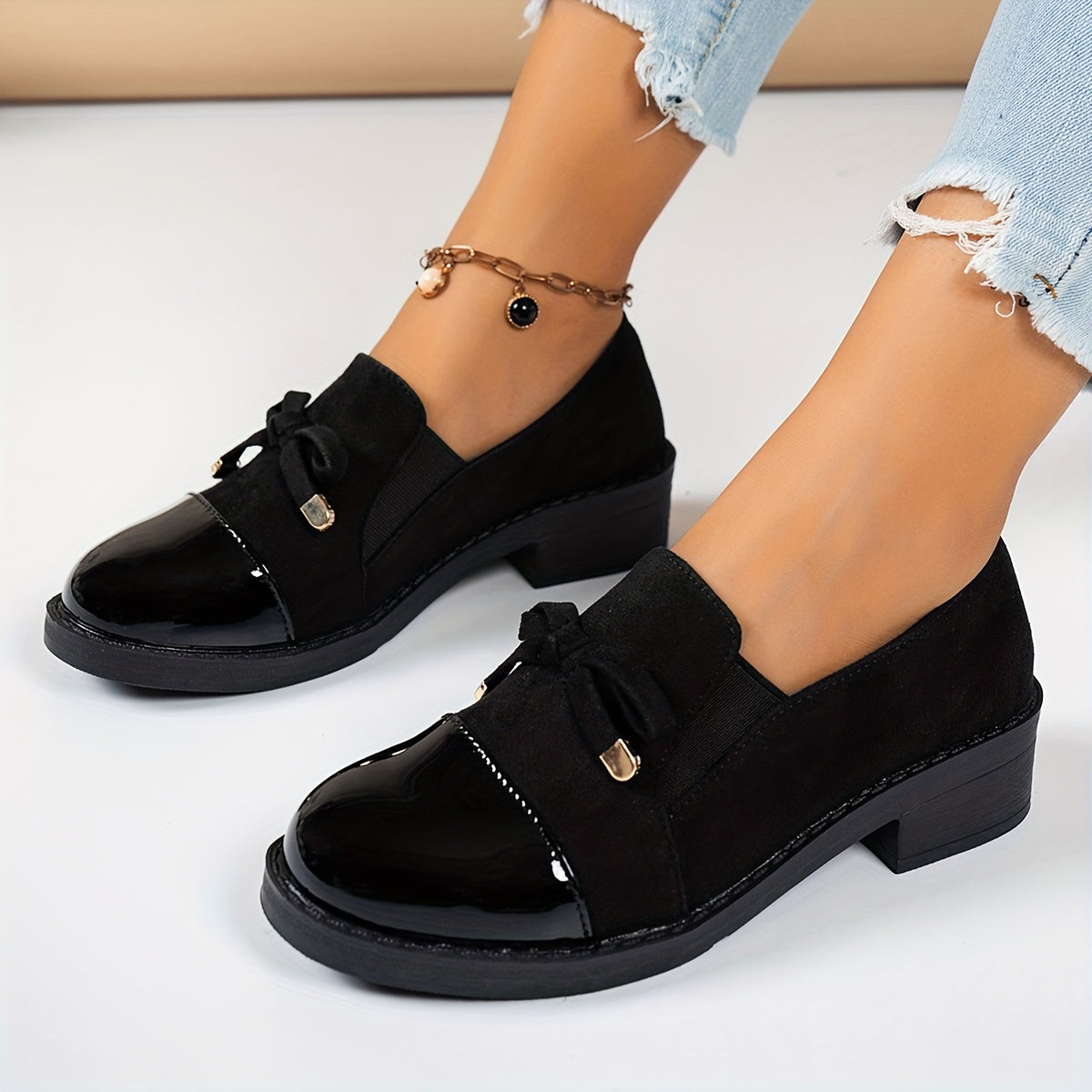 Women's Faux Leather Loafers with Rubber Sole and Bowknot Detail