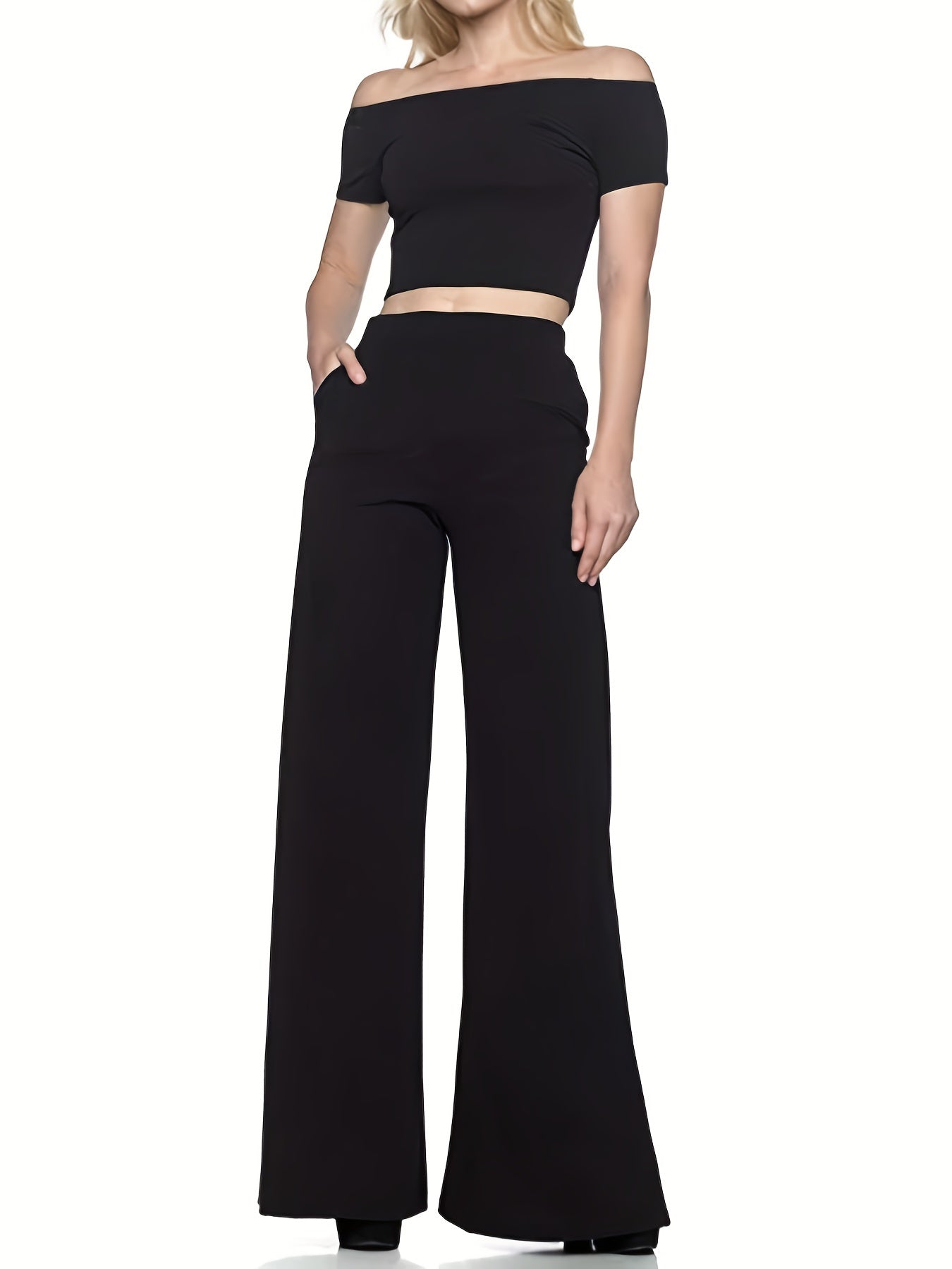 Pantalones acampanados elegantes de talla grande para mujer con cintura alta elástica y bolsillos