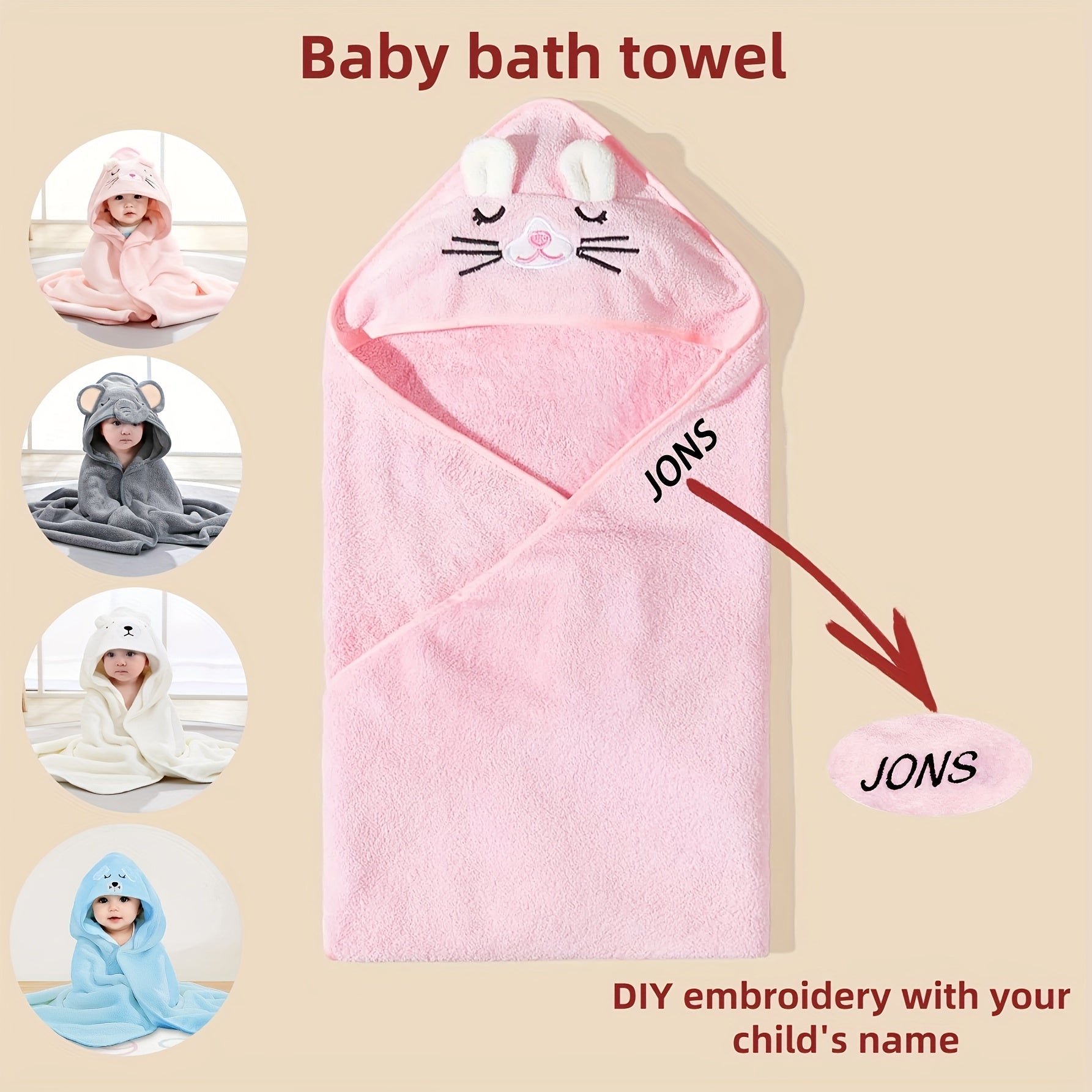 Personalized Hooded Baby Bath Towel with Embroidered Name, Soft Polyester Receiving Blanket