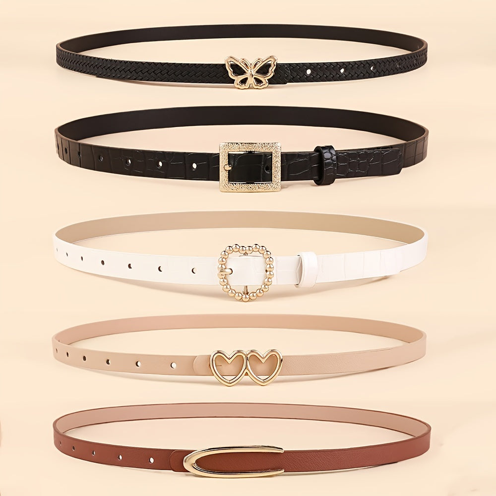 Набор из 5 женских маленьких ремней с металлическими пряжками, стильных и универсальных