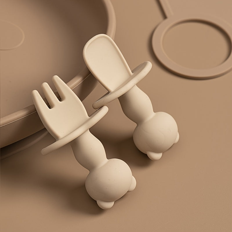 Juego de alimentación para bebé de 2 piezas, tenedor y cuchara de silicona Panda, suave, libre de BPA, vajilla para niños pequeños