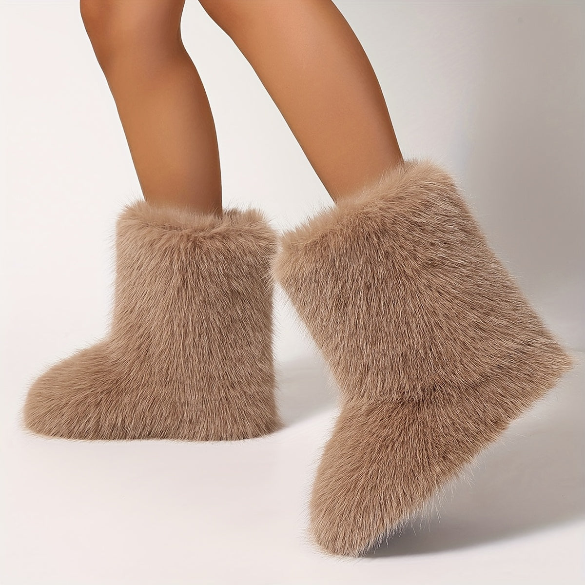 Women'S Winter High-Top Boots Faux Fur Mid-Calf Flat-Heeled Warm Shoes