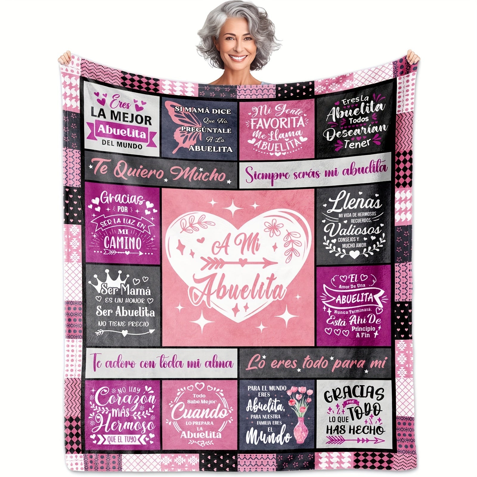 Pink Flannel Throw Blanket with Spanish Phrases for Grandma, Machine Washable, Floral Knitted Gift