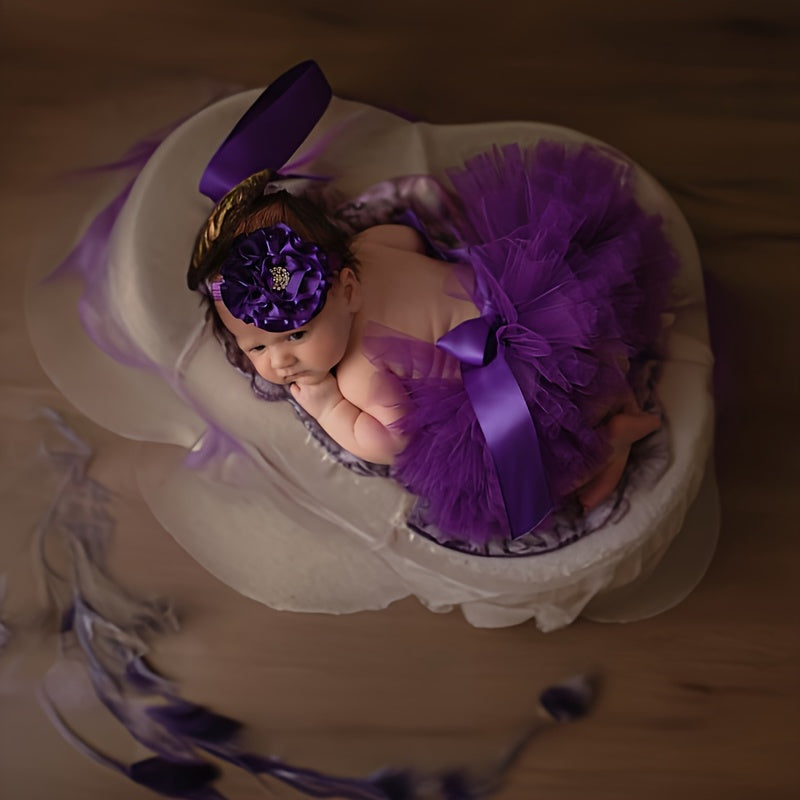 Conjunto de tutú para bebé en púrpura con diadema para bebés y niños pequeños, disfraz para sesión de fotos de ballet