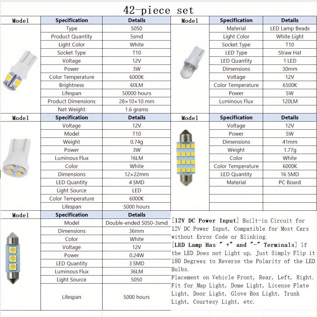 42pcs LED Car Interior Light Kit 12V Hardwired No Battery Required