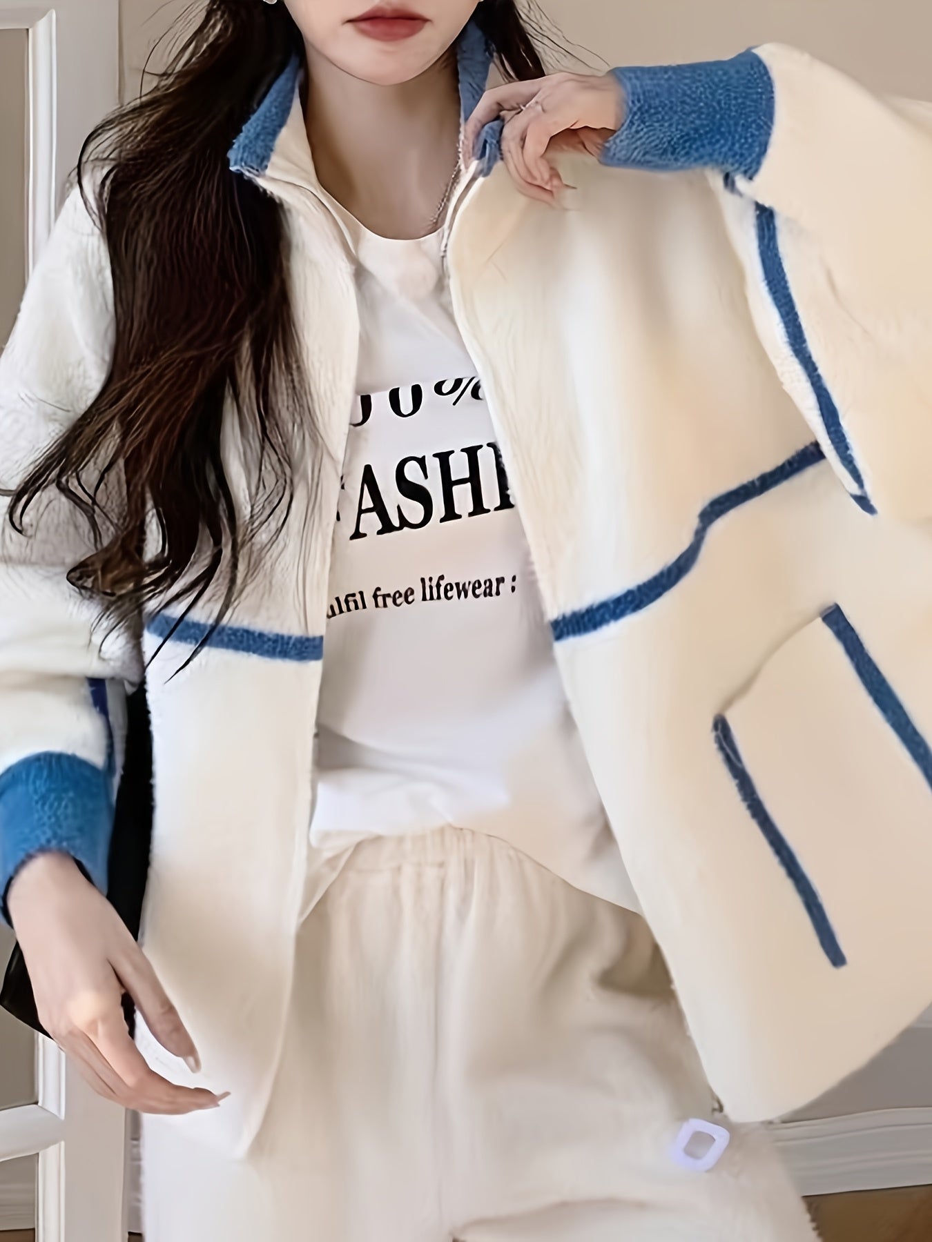 Women's Red Polyester Knit Cardigan with Hooded Zip-Up Jacket and Contrast Trim