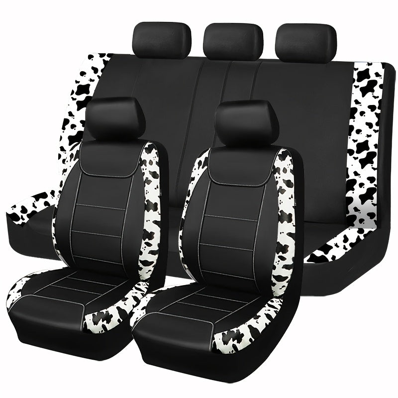 9-Piece Synthetic Leather Car Seat Covers Universal Cow Pattern for All Seasons