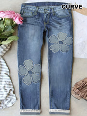 Women's Plus Size Floral Patchwork Lace Denim Pants with Contrast Hem